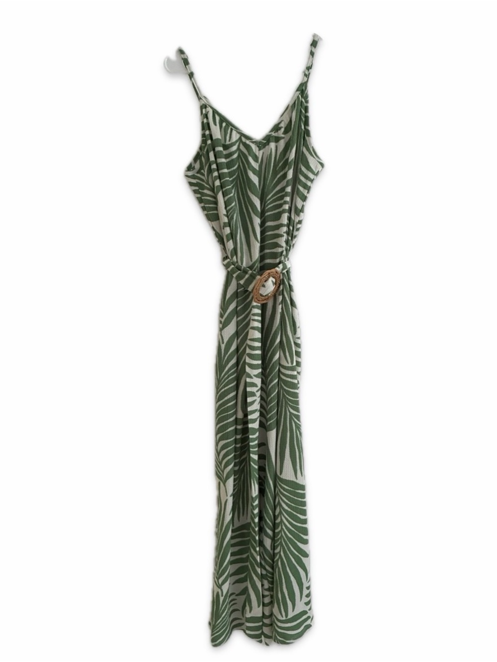 Green Palm-Print Maxi Dress with Waist Tie fits 38DD, 40” bust